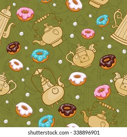 Hand drawn tea break pattern, vector doodle with teapots,  tea, cup and sweets.