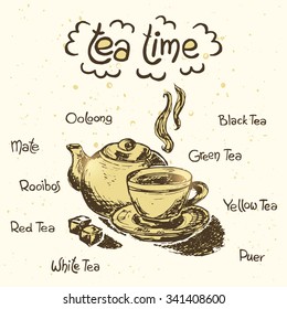 Hand drawn tea card. Vector illustration.
