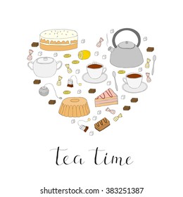 Hand drawn tea ceremony items composed in heart shape with lettering.