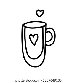 Hand drawn tea or cocoa mug with heart. Doodle vector illustration