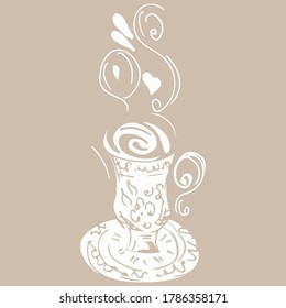 Hand Drawn Tea Or Coffee Cup Illustration In Engraving Style For Menu Or Cafe. Vector Arab Coffee Cup. Antique Arabian Tea. Hand Drawn Outline Doodle Illustration. Arabic Vintage Style