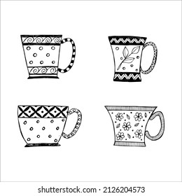 hand drawn tea or coffee cups, doodle or sketch, flat image