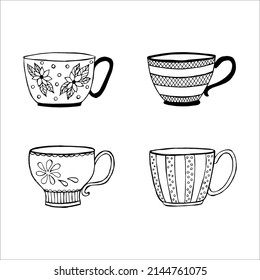 hand drawn tea or coffee cups, doodle or sketch, flat image