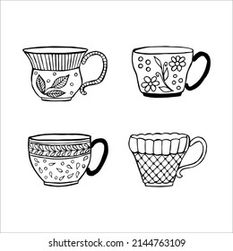 hand drawn tea or coffee cups, doodle or sketch, flat image
