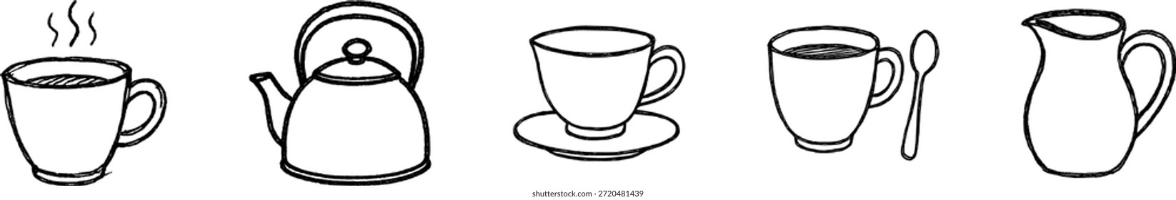Handgezeichneter Tee und Kaffee - Tassen und Wasserkocher Set.