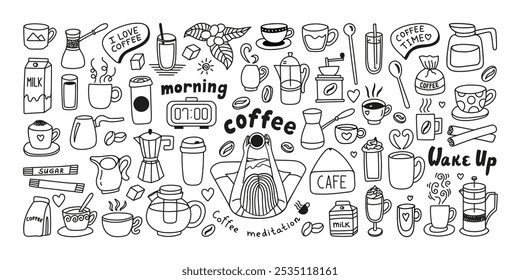 Hand drawn tea, coffee doodle set with milk, cups, kettle, coffee maker, turk, utensils and girl