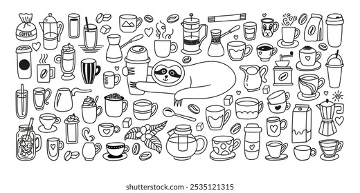 Chá desenhado à mão, conjunto de doodle de café com leite, copos, chaleira, cafeteira, turco, utensílios e preguiça