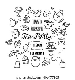 Hand drawn tea, coffee party vintage sketch doodle design elements. Tea time vector illustration. 