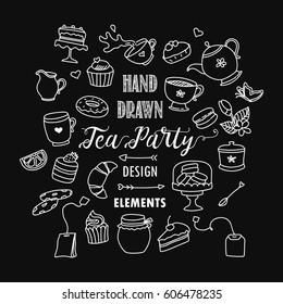 Hand drawn tea, coffee party sketch doodle design elements. Tea time vector illustration on the blackboard background. 