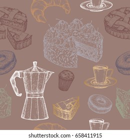 Hand drawn tea, coffee and pastry seamless pattern with coffee pot, cups, apple pie, cake, croissant, muffin and doughnut sketch. Great for bakery, restaurant, store and cafe design.