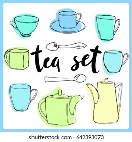 Hand drawn tea collection. Cups of a different form and teapot. Hand drawn doodle sketch.Vector illustration.