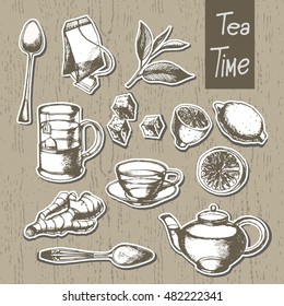 Hand drawn tea collection.Stickers with a shadow.Vector illustration.
