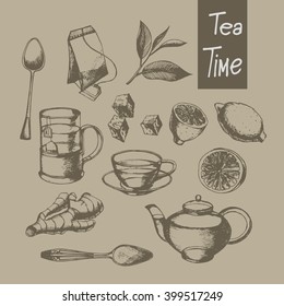 Hand drawn tea collection.Vector illustration.