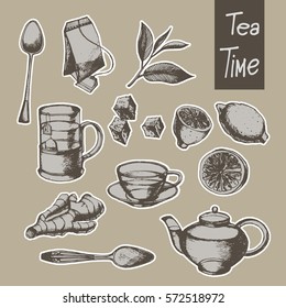 Hand drawn tea collection.Vector illustration.