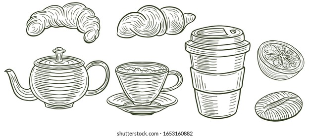 hand drawn tea, croissant and coffee vector illustration