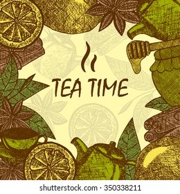 Hand drawn tea culture objects. Teapot, lemon, cinnamon, honey, leaf. Vector sketch card template.