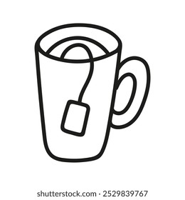 Hand drawn tea cup with tea bag tag. Kitchen utensils doodle illustration for menu design