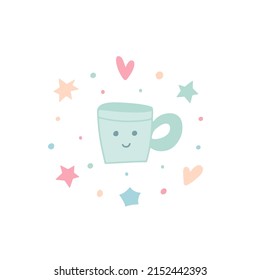 Hand drawn tea cup with cute face. Vector illustration of hot drink cup and nice decoration around. Design for postcards, posters, stickers, web design.