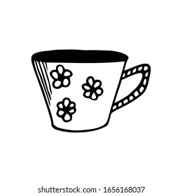 Té de té a mano con flores aisladas en un fondo blanco. Dibujo de dibujo simple. Se puede utilizar para la decoración de textiles, papel.