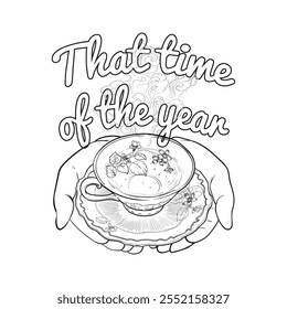 Hand drawn tea cup in hands square design. Line art tea cup held in two hands. Autumn and winter cozy outline illustration. Vector format that can be used in online and print projects. High quality.