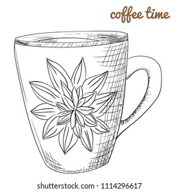 Hand drawn tea cup illustration in for menu or cafe. Black vintage cup plate isolated on white background