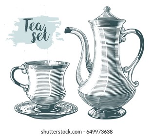 Hand drawn tea cup and tea kettle illustration in engraving style for menu or cafe. Black vector vintage cup plate isolated on white background