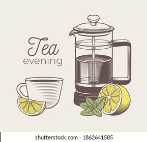 Hand drawn tea cup with lemon and mint and tea French press illustration in engraving style for menu or cafe. Vector vintage tea set.