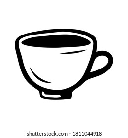 Hand drawn tea cup on a white isolated background. Elements of kitchen utensils. Doodle, simple outline illustration. It can be used for decoration of textile, paper and other surfaces.