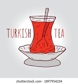 hand drawn tea cup and saucer. doodle turkish tea. turkish tea illustration