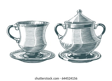 Hand drawn tea cup and sugar bowl illustration in engraving style for menu or cafe. Black vector vintage cup plate isolated on white background