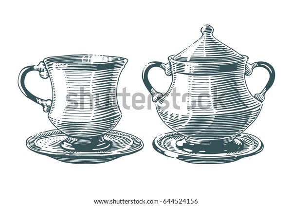 手描きの茶碗と砂糖碗のイラストをメニューやカフェの彫り方で描いたもの 白い背景に黒いベクター画像ビンテージカッププレート のベクター画像素材 ロイヤリティフリー