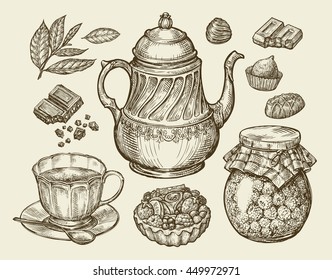 Hand drawn tea cup, teapot, dessert and raspberry jam. Vector illustration