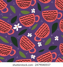 Hand drawn tea cups pattern. Seamless pattern of cups, white flowers and leaves on purple background. Flat vector illustration of teacups.