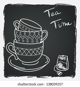 Hand drawn tea cups   teabag chalkboard background  Vintage style vector illustration 