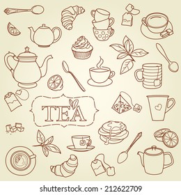 Hand drawn tea doodle concept vector background