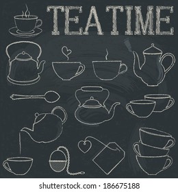 Hand drawn tea elements on blackboard. Vector set, EPS 8.