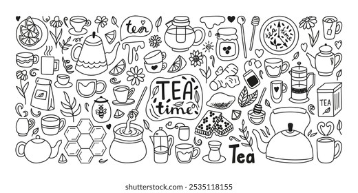 Hand drawn tea with honey doodle set with hive, honeycombs, barrel, lemon slices, cups, kettle, flowers, glass jar.