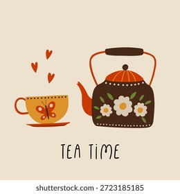 Chá desenhado à mão chaleira e xícara ilustração com decoração floral e frase de letra Tea Time. Aconchegante arte estilo folk em cores quentes, isolado no fundo claro para impressões, cartões, cartazes, embalagem
