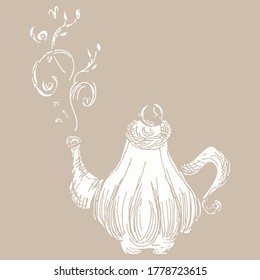 Hand drawn tea kettle illustration in engraving style for menu or cafe. Vector Arab coffee pot. Antique Arabian teapot. Hand drawn outline doodle illustration. Arabic vintage style