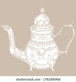 Hand drawn tea kettle illustration in engraving style for menu or cafe.Vector Arab coffee pot. Antique Arabian teapot. Hand drawn outline doodle illustration. Arabic vintage style