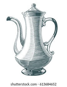 Hand drawn tea kettle illustration in engraving style for menu or cafe. Black vintage pot  isolated on white background