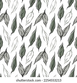 Hand drawn tea leaf seamless pattern in grey and pale green color shades on white background. Vector endless botanical pattern for tea package, bedding, textile, fabric, wallpapers, wrapping paper.