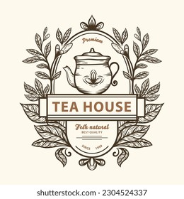 Hand drawn tea logo design with tea leaves and teapot illustration on vintage emblem stamp