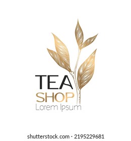 Hand drawn tea logo with golden tea branch and leaves isolated on white background. Natural organic food concept for emblem, label, packaging