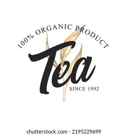 Hand drawn tea logo with golden tea branch and leaves isolated on white background. Natural organic food concept for label, emblem, packaging