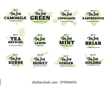 Hand drawn tea logos set with inscriptions and natural herbal fruit berry ingredients isolated vector illustration