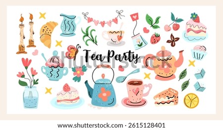 Hand drawn tea party collection with cute teapots, cups, cakes, and cozy details. Perfect for stickers, prints, postcards, and summer party designs. Vector illustration 