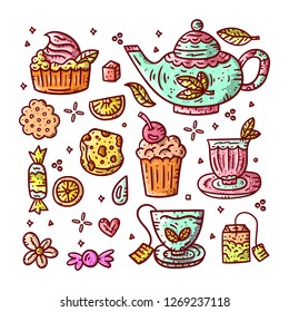 Hand drawn tea party illustrations. Doodle style elements collection. Vector illustration