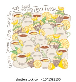 Hand drawn tea party illustrations. Tea with lemon. Doodle style elements collection. Vector illustration