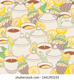 Hand drawn tea party illustrations. Tea with lemon. Doodle style elements collection. Vector illustration